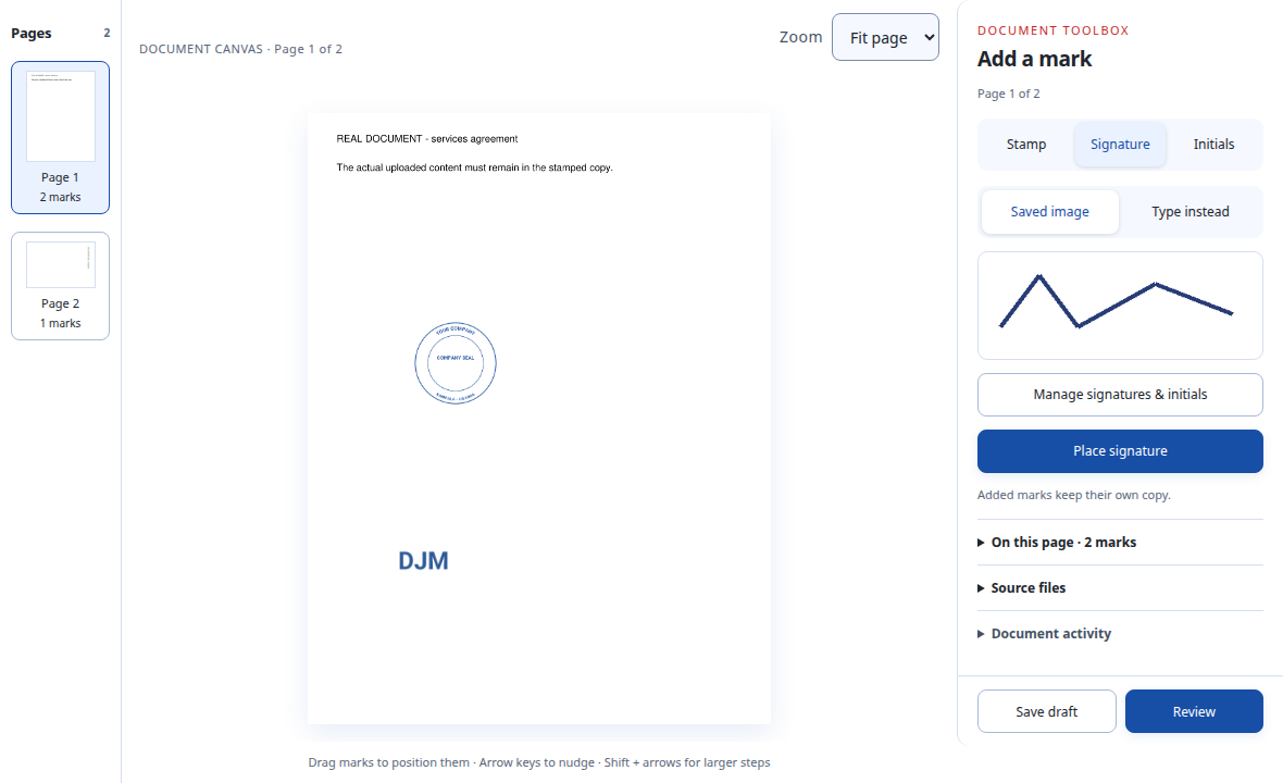 Cigned document workspace with the Signature tab selected and a saved personal signature preview