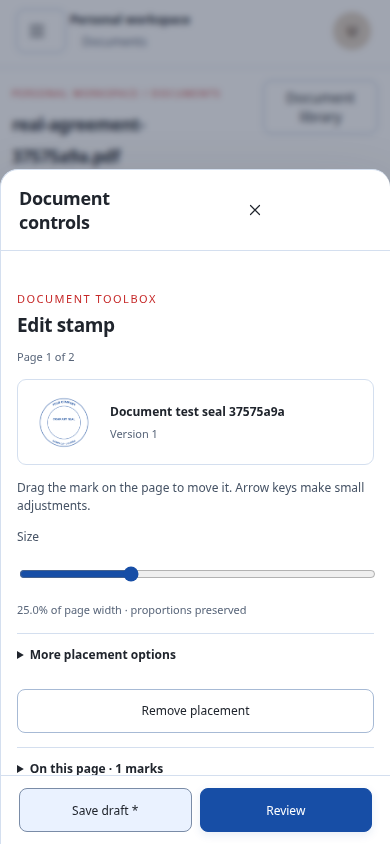 Cigned stamp placement controls in the phone layout